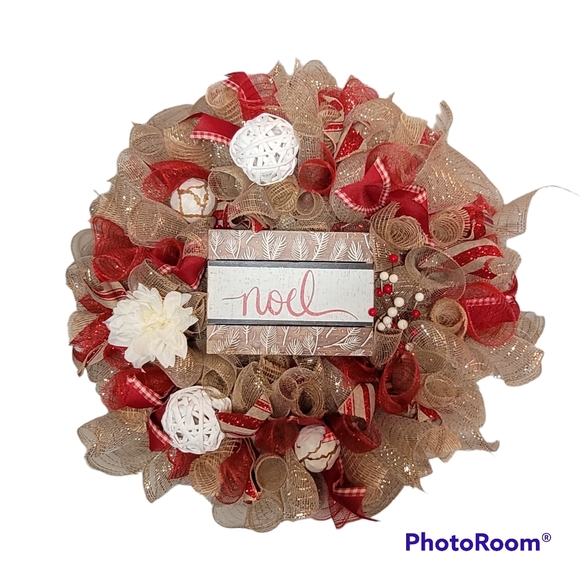 Handmade Noel Wreath,  Red and White Accents - Picture 1 of 4